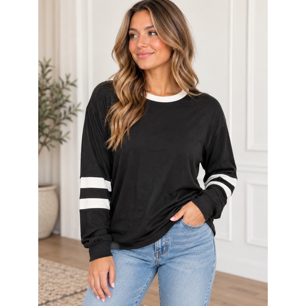 PrettyGarden Womens Black White Stripe Long Sleeve Varsity T-Shirt Size M 7211